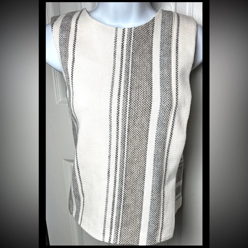 TORY BURCH Tank Striped Southwest White Gray Beige Top Blouse Textured